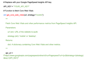 Example of code to set up data retrieval from Google PageSpeed