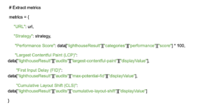 Example of code for specifying the Core Web Vitals metrics to extract from PageSpeed Insights